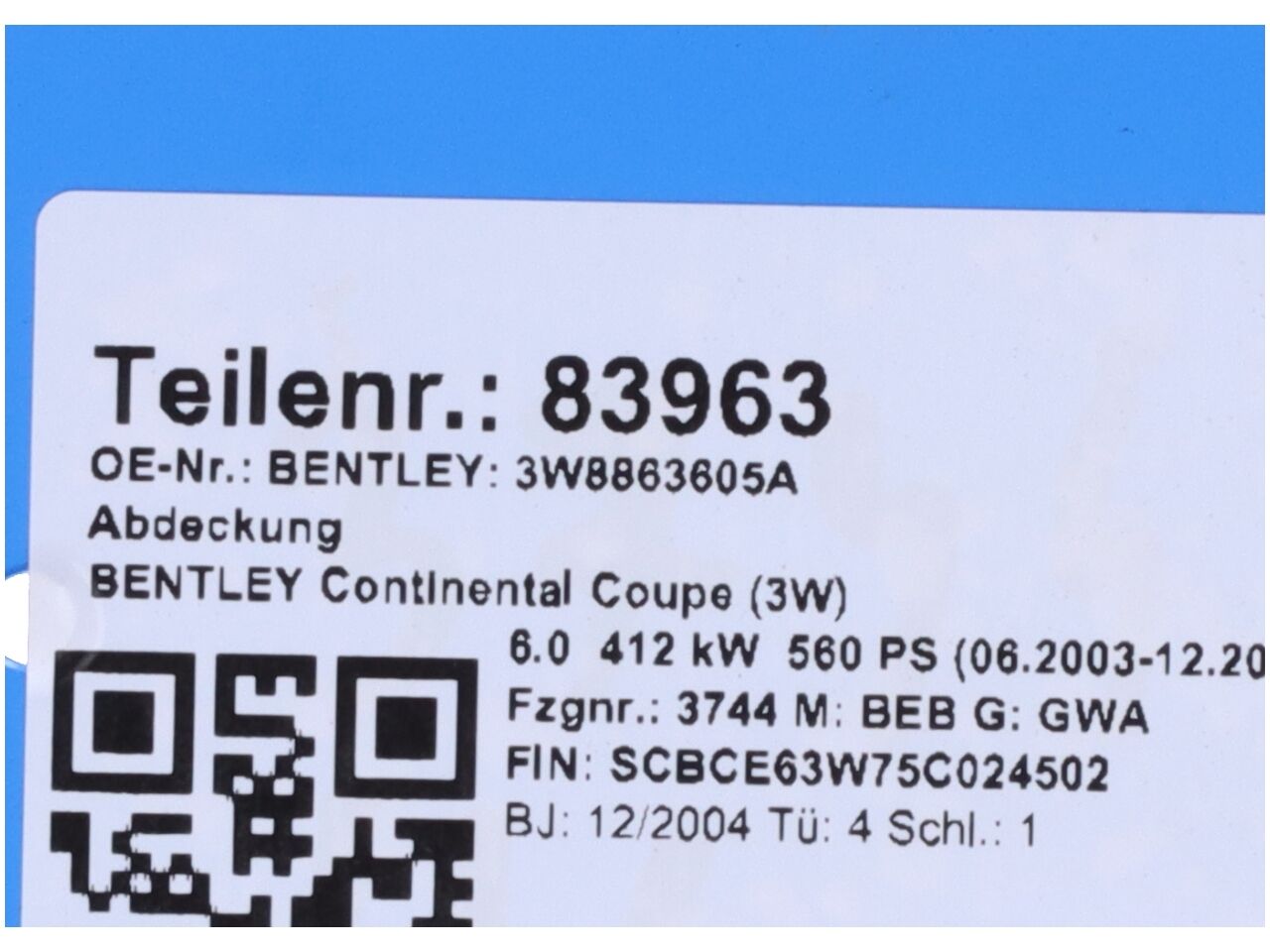 Afdekkap BENTLEY Continental Coupe (3W) 6.0  412 kW  560 PS (06.2003-12.2011)
