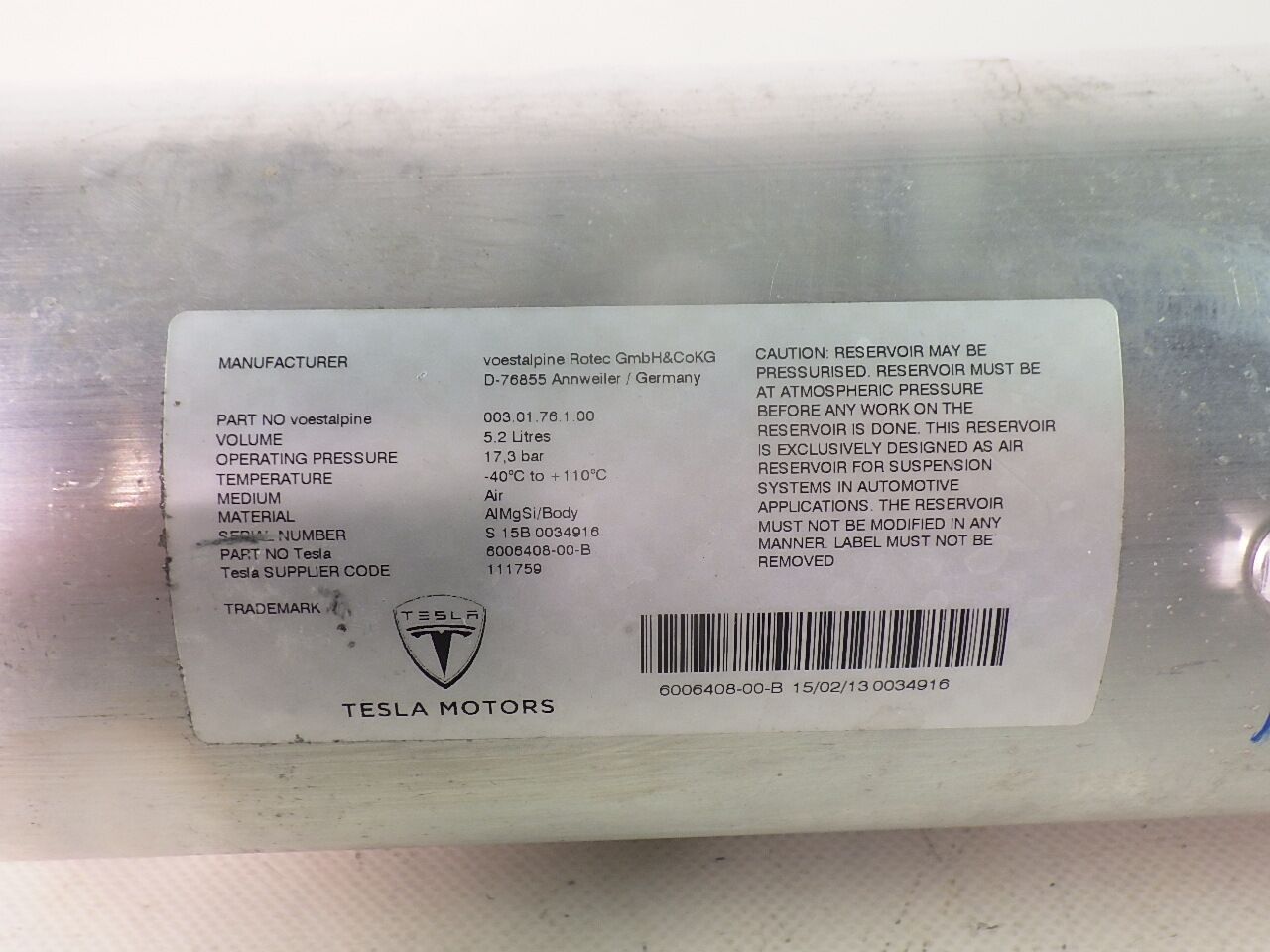 Pressure accumulator TESLA Model S (5YJS) 85D AWD  310 kW  421 PS (04.2015-02.2016)