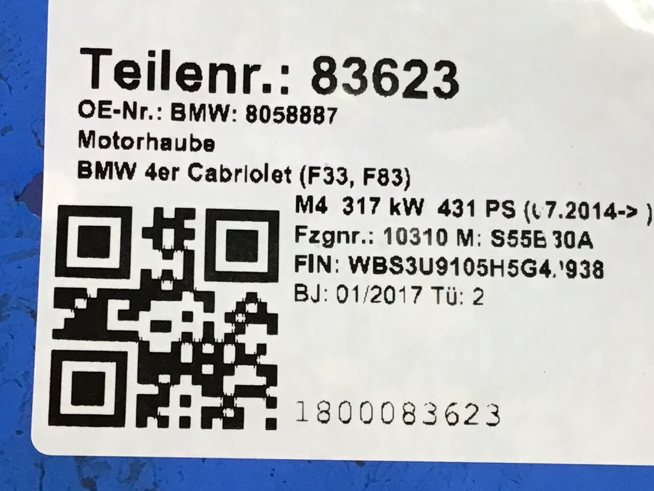 Motorkap BMW 4er Cabriolet (F33, F83) M4  317 kW  431 PS (07.2014-> )